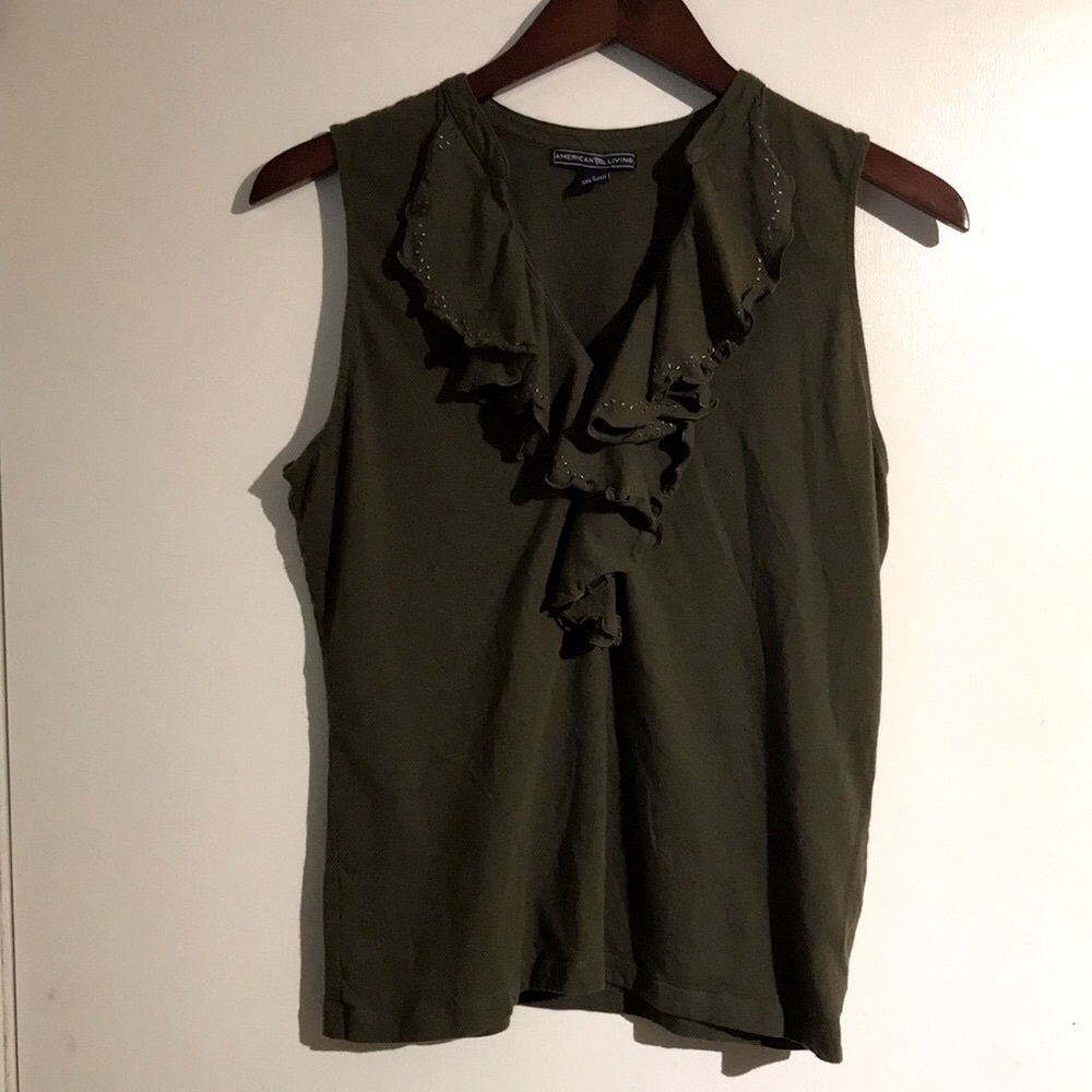 American Living Women's Olive Ruffle Neck Sleeveless Cotton Blouse Top Size L - Picture 14 of 16